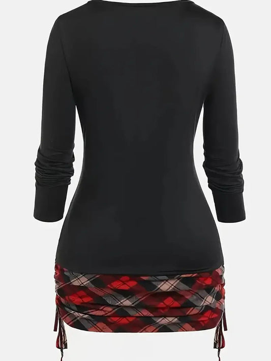 Plus Size Women's Plaid Printed Ripped Long Sleeve Top T-Shirt - Chrissy's Eye