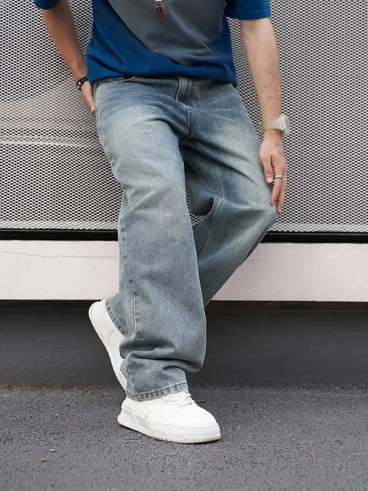 Men'S Casual Straight Wash Jeans - Light Blue, Loose Fit, Oblique Pocket, Comfortable Blend, Suitable For Casual Wear - Chrissy's Eye
