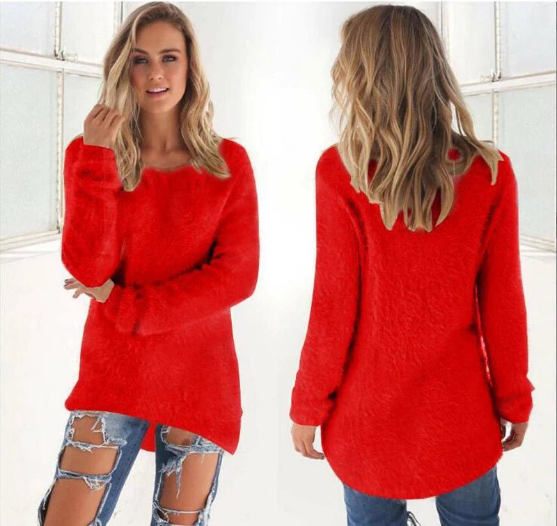 Women's Warm Sweaters Solid Color O Neck Loose Knitted Pullover Long Sweater Casual Blouse Lady Hipster Comfortable Clothing - Chrissy's Eye