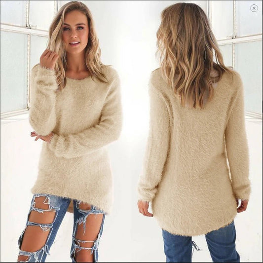 Women's Warm Sweaters Solid Color O Neck Loose Knitted Pullover Long Sweater Casual Blouse Lady Hipster Comfortable Clothing - Chrissy's Eye
