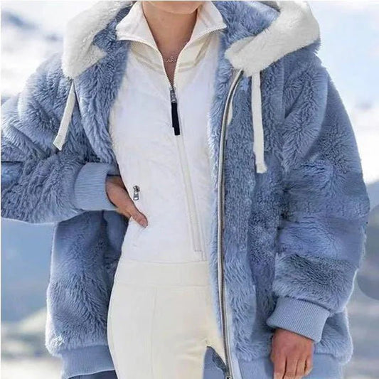 Winter Women Jackets Plush Casual Oversize Fleece Plaid Y2K Hooded Zipper Fashion Cashmere Warm Solid Color Ladies Coats - Chrissy's Eye
