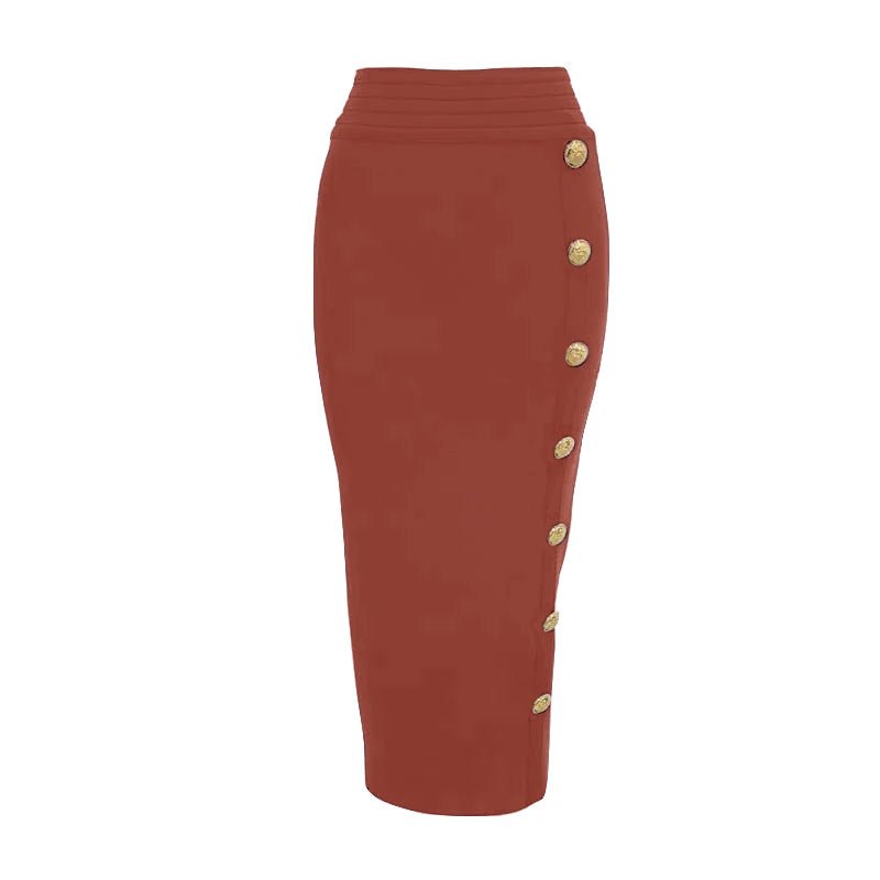 Spring New Women Bandage Skirts Elegant High Waist Midi Calf Gold Buttons Pencil Skirt High Street Office Lady Formal Clothing - Chrissy's Eye