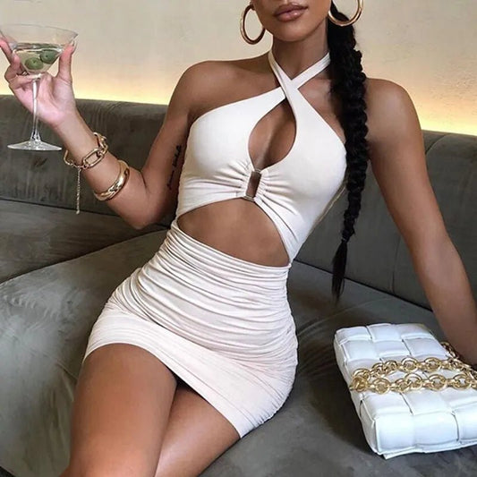 Sleeveless Backless Hollow Out Body-con Dress Summer Sexy Ruched Halter Mini Dresses Women Evening Dresses Party Club Outfit - Chrissy's Eye