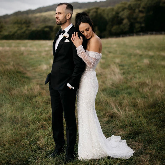 8790 Real Photos Exquisite Shiny Sequined Off Shoulder Detachable Train Wedding Dress Mermaid Bridal Gown With Long Sleeves - Chrissy's Eye