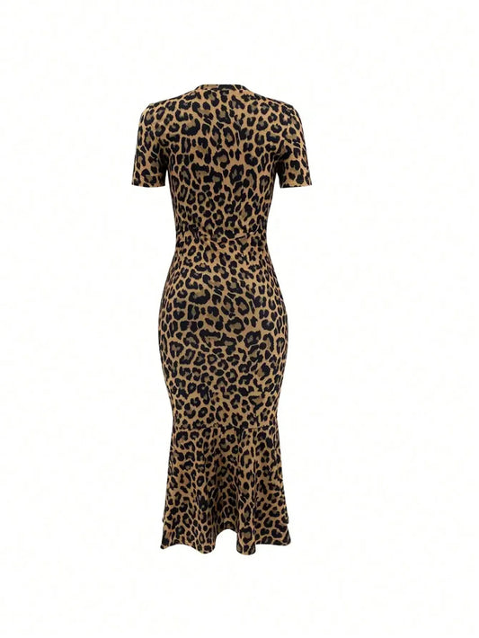 European Style Leopard Print round Neck Short Sleeve Fish Tail Hem Long Dress - Chrissy's Eye