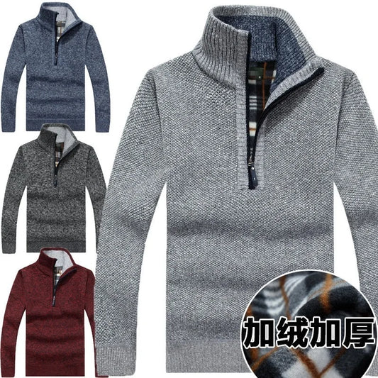 Men's Fleece Thicker Sweater Half Zipper Turtleneck Warm Pullover High Quality Male Slim Knitted Wool Sweaters For Spring - Chrissy's Eye