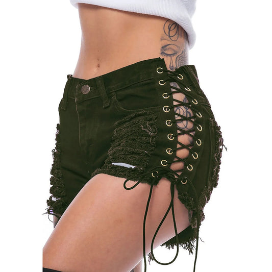 Sexy Women's Jeans Fashion Casual Side Lace-Up Denim Shorts Sexy Hot Denim Short pants Club dance Ripped short jeans - Chrissy's Eye