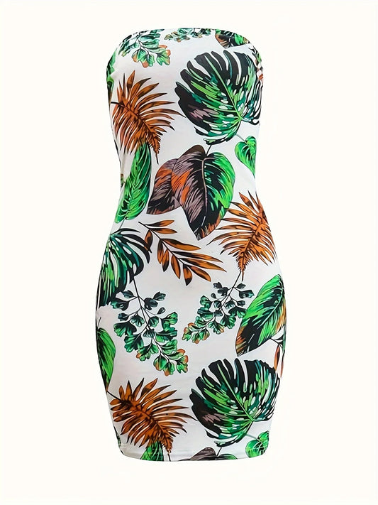 Plus Size Women's Tropical Plant Print Halter Bodycon Dress Elastic Stretch Sleeveless Beach Club Party Dress - Chrissy's Eye