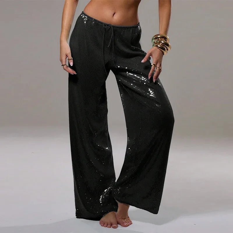 Fashion Sequin Loose Pants Women Solid Drawstring High Waist Wide Leg Trousers Female 2026 Fashion Summer Shinny Bottom Lady - Chrissy's Eye