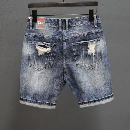 Fashion Vintage Korean Men's Summer Denim Shorts with Distressed Holes Slim Fit Distressed Holes Designer Luxury Clothing Men - Chrissy's Eye