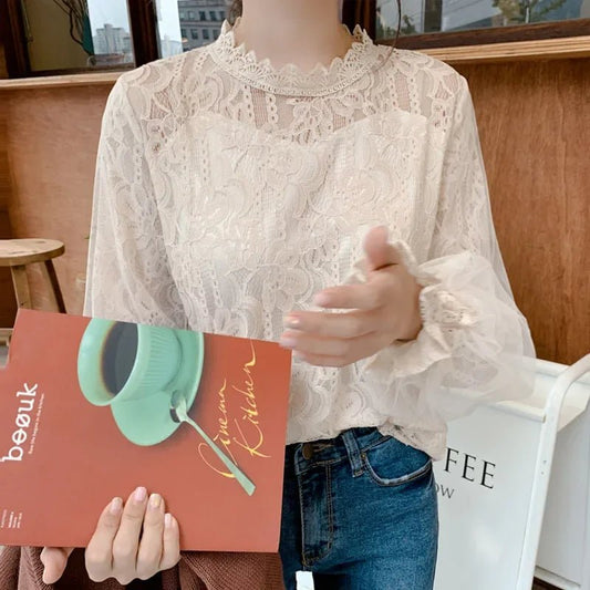 New Fashion Office Lady Mesh Lace Blouse Women Long Sleeve Elegant Women's Shirts Loose Bottoming Tops Woman Clothes 8325 - Chrissy's Eye