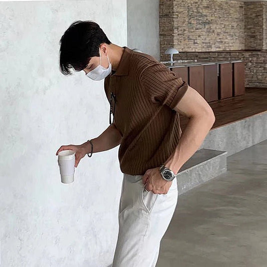 Summer Men's Clothing Retro Knit Lapel Striped Polo Shirt Solid Color Short Sleeve Fashion Light Luxury Popular Knitwear M-3XL - Chrissy's Eye