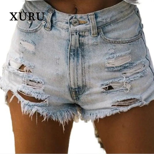 XURU - New Women's High Waisted Ripped Tassel Denim Shorts for Women, Hot Pants, Light Blue Short Jeans - Chrissy's Eye