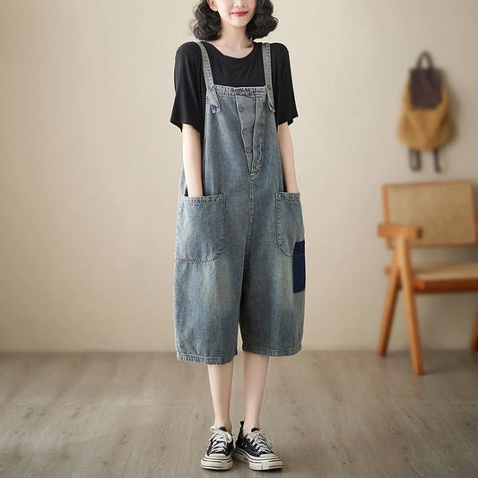 plus Size Denim Overalls Women's Summer New Sle High Waist ort Jeans Straight Leg Color Blo Five-Quarter Pants - Chrissy's Eye