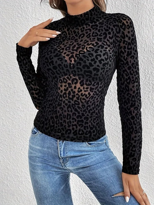 Sheer Mesh Long Sleeve Leopard Print Women's Blouse, Mock Neck, See-Through - Chrissy's Eye