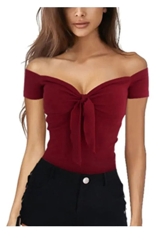 2024 euro-n spring and summer lady pure color V-neck elegant beach party slim T-shirt - Chrissy's Eye