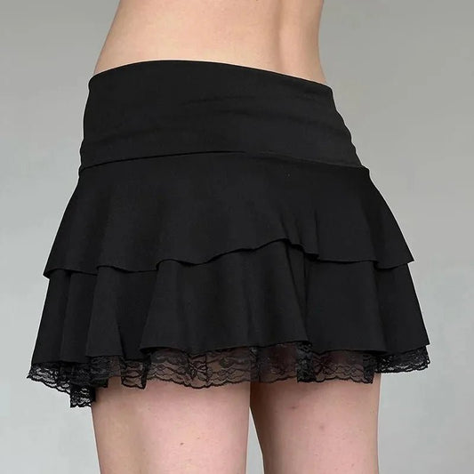 Goth Y2K Black Lace Trim Bow A Line Mini Skirt Women Korean Streetwear - Chrissy's Eye