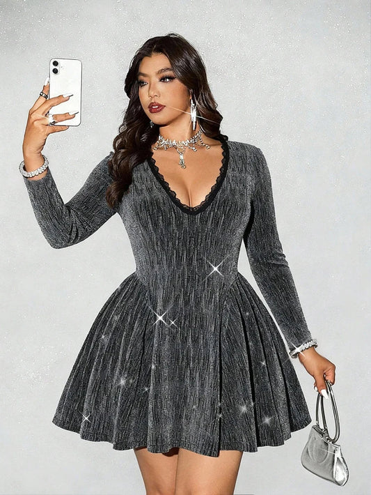Plus Size 2026 Spring/Summer New Arrival Women's Fashion Party Dress Sparkling Patchwork Lace Seductive Deep V-Neck Elegant - Chrissy's Eye