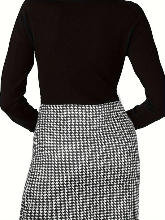 Plus Size Long Sleeve V-Neck Dress for Women Elegant Houndstooth Pattern Stylish and Comfortable Perfect for Office or Evening W - Chrissy's Eye