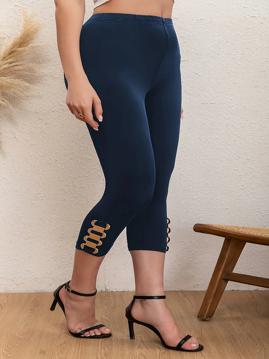 Elegant plus Size Capri Pants Chic Metal Chain Detail High-Elasticity Casual Solid Mid-Calf Trousers for Women - Chrissy's Eye