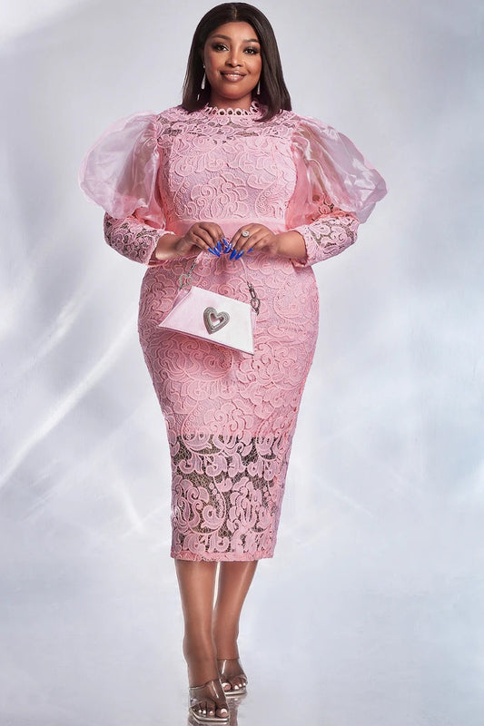 Women Plus Size Formal Dress Pink Lace Puff Sleeve See-Through Midi Dress Elegant Sweet Wedding Guest Cocktail Bodycon Dresses - Chrissy's Eye