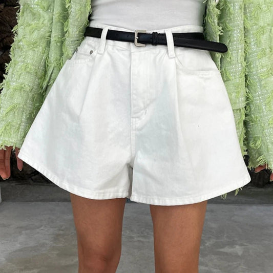 REALEFT Summer Washed High Waist Women's A-line Denim Shorts Pocket White 2025 New Casual Loose Wide Leg Jeans Shorts Female - Chrissy's Eye