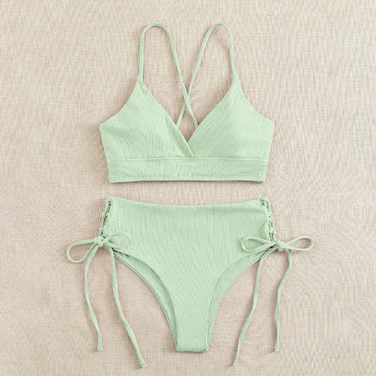 Cikini-V-Neck Split Bikini Set for Women, Sexy Swimsuit, Lace Up, Triangular Bikinis, Solid Color, Beach Swimwear, Bathing Suit - Chrissy's Eye