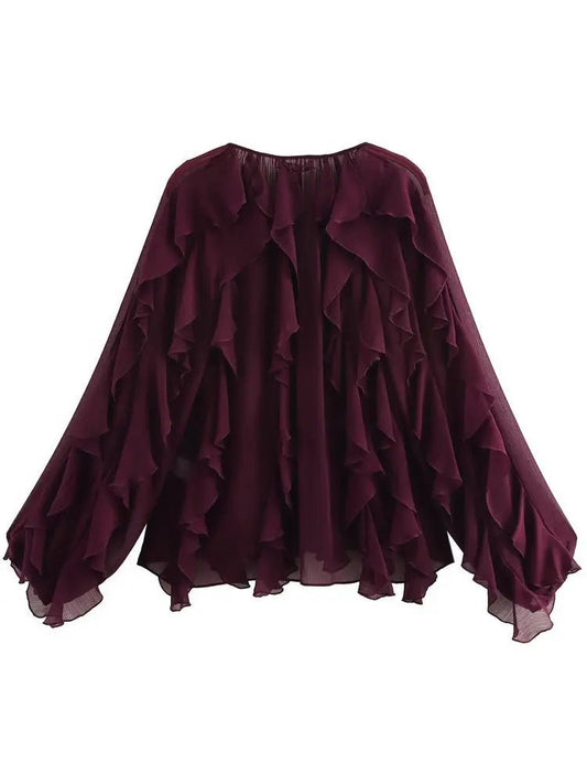 2026 Summer Chic Women's Elegant Loose Long Sleeve Layered Shirts Office Lady Vintage V-neck Translucent Tierred Ruffles Blouses - Chrissy's Eye