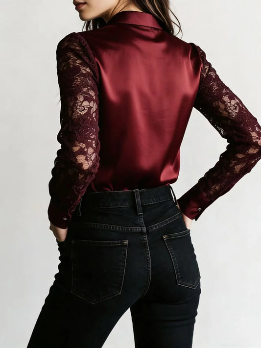 2026 Spring New Burgundy Satin Lace Patchwork Shirt European and American Style Light Luxury Sexy Long Sleeve Top Women's Versatile Commuter and Date Shirt - Chrissy's Eye
