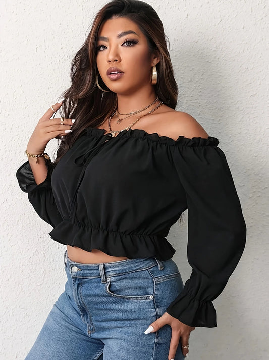Plus Size Elegant Shoulderless Shirt for Women European and American Style Casual Curve Clothing Vacation Solid Long Sleeve Tops - Chrissy's Eye