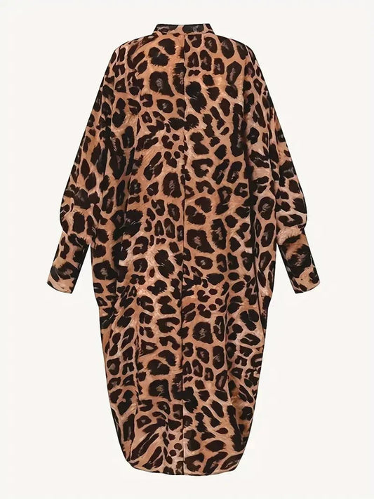 Plus Size 1XL-5XL New Women's Fashion Boho Dress Ladies Casual Leopard Print Batwing Sleeve Keyhole Round Neck Baggy Dress - Chrissy's Eye