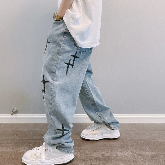 Boyfriend Vintage Fashion Straight Casual Loose Denim Cargo Pants Men Designer Prints Star Jeans Streetwear Loose Wide Leg Jeans - Chrissy's Eye