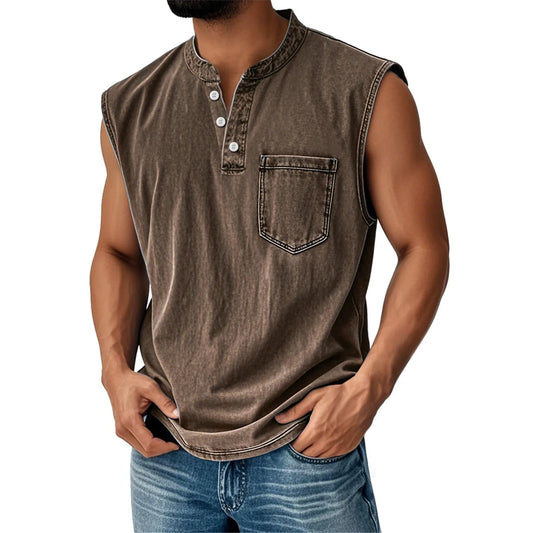 Vintage distressed washed sleeveless vest for men Henley collar button-down vest simple solid color versatile casual top - Chrissy's Eye