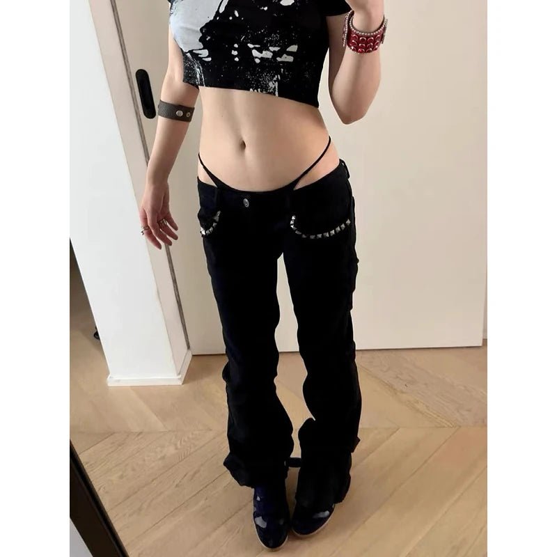 ZHIZOU Women Low Rise Jeans Black Flared Denim Pants Gyaru American Retro Korean Cyber Punk Trumpet Jeans Y2k Skinny Bell Bottom - Chrissy's Eye