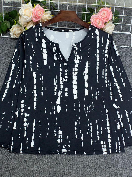 Plus Size Women's Long Sleeve T-Shirt, Comfortable V-Neck Button Down Elegant Blouse with Irregular Stripes - Chrissy's Eye