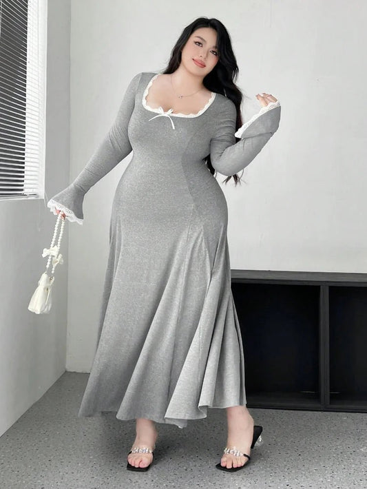 Plus Size Pure Color Knit Elegant Waist Slim A-Line Draped Dress Maxi Women Outfit Casual Elegant Pure Color Best Choice for Aut - Chrissy's Eye