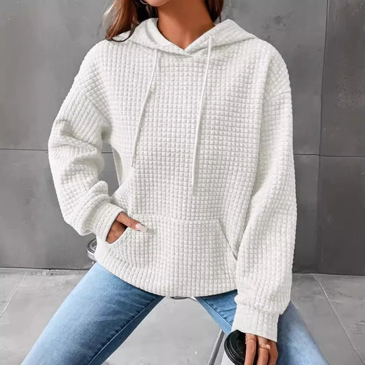 Women's hooded sweatshirt spring and autumn style waffle fashion beautiful solid color hooded drawstring loose sweatshirt - Chrissy's Eye