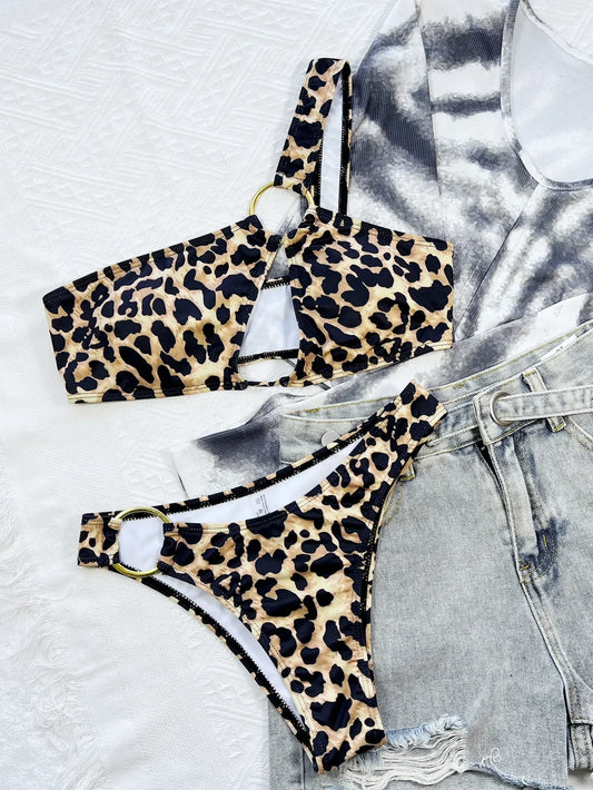 2025 New Women's Micro Bikini Set Leopard Swimsuit 2 Pcs Suit Swimwear Sexy Hollow Out Biquini One Shoulder Beach Bathing Suits - Chrissy's Eye