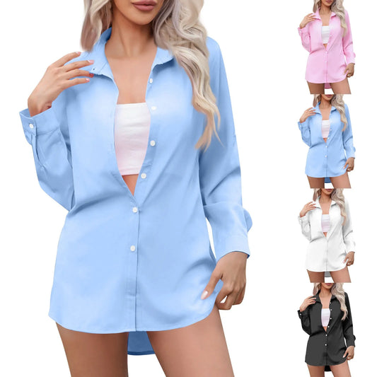 Spring Elegant Blouse Stylish Women Lapel Neck Long Sleeve Shirt Loose Solid Split Hem Tops Oversize Work Blusas - Chrissy's Eye