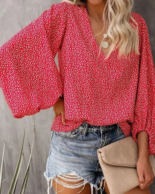 2023 New European and American Cross Boder Spring/Summer/Autumn V-neck Casual Shirt Printed Lantern Sleeve Top Women's W - Chrissy's Eye