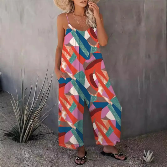 2025 Spring and Summer Casual Women's Suspender Pants Autumn New Temperament Fashion Printed Sleeveless Jumpsuit Women - Chrissy's Eye