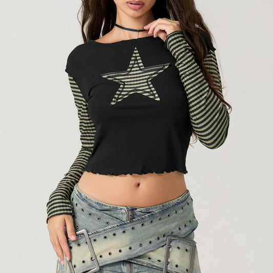 Women T-shirt Long Sleeve Crew Neck Star Stripes Slim Fit Ladies Tops for Casual Daily - Chrissy's Eye