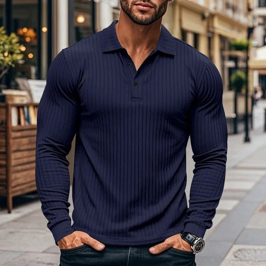 Cross-border autumn men's classic casual American lapel button-up long-sleeved T-shirt elastic pit strip polo shirt - Chrissy's Eye