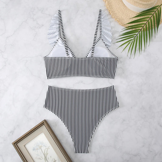 2025 new swimsuit striped high waist V-neck ruffled bikini swimsuit ladies beach swimsuit - Chrissy's Eye