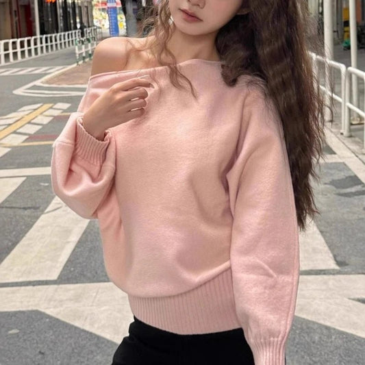 Batwing Long Sleeve Knitted Pullover Women Thick Off Shoulder Sweater - Chrissy's Eye