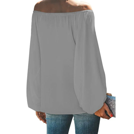 2024 off-shoulder tops for women autumn new one-shoulder solid color lantern sleeves loose long-sleeved T-shirt - Chrissy's Eye