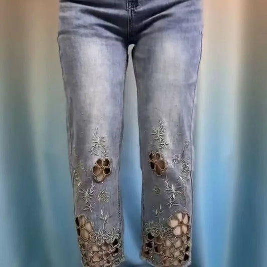 Women's high-end hollowed out embroidered denim thin high waist stylish Jeans - Chrissy's Eye