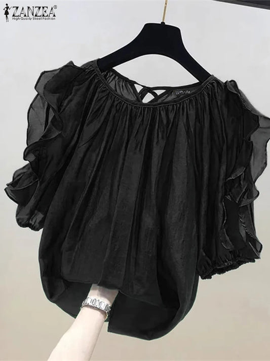 Women Cold Shoulder Blouses Fashion Ruffled Half Sleeve Tops Back Straps Pleated Tunics Summer Casual Loose Shirts - Chrissy's Eye