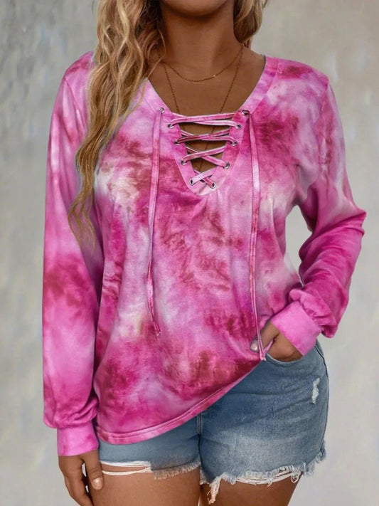 plus size women's tie dye printed long sleeved T-shirt made of polyester knitted fabric elegant lace up casual and comfortable - Chrissy's Eye