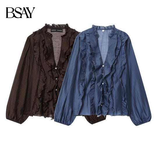 BSAY frill shirt women's clothing 2025 fall new Loose long sleeved button up blouses France chic office ladies tops mujer - Chrissy's Eye
